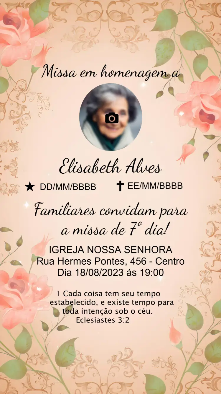 Convite Missa De Sétimo Dia Flores – tema Datas Comemorativas floral, delicado, minimalista, romântico, moderno
