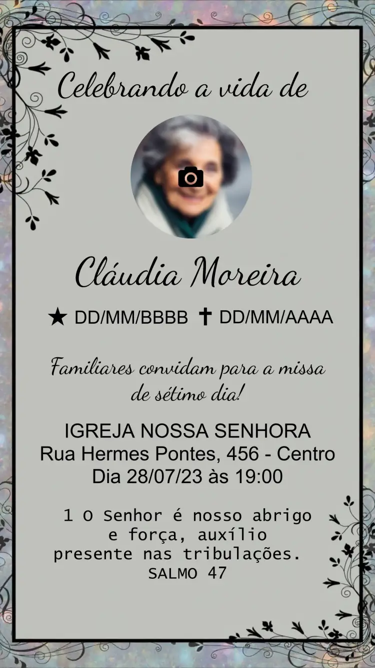 Convite Missa De Sétimo Dia Flores – tema Datas Comemorativas floral, minimalista, clássico, elegante, sutil