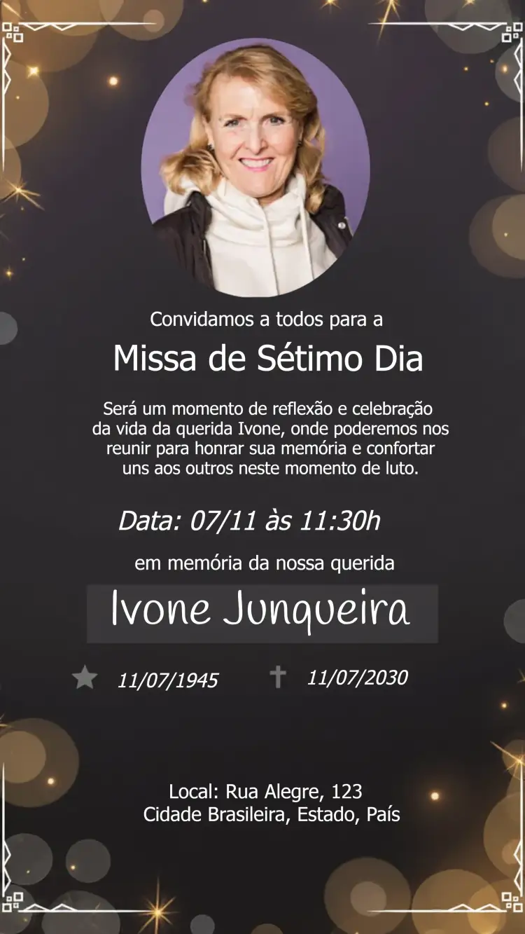 Convite Missa Do Sétimo Dia Com Foto Luto – tema Datas Comemorativas sóbrio, elegante, minimalista, preto e branco, clássico