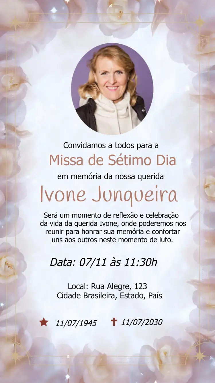 Convite Missa Do Sétimo Dia Com Foto Luto – tema Datas Comemorativas sóbrio, elegante, minimalista, clássico, sereno