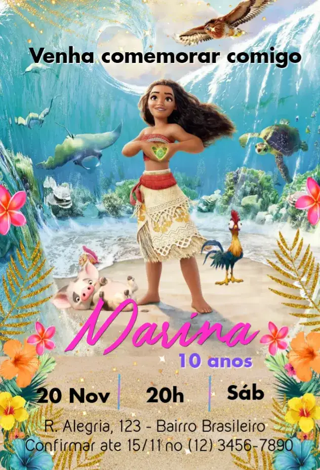 Convite Moana – tema Aniversário Infantil praia, tropical, oceano, natureza