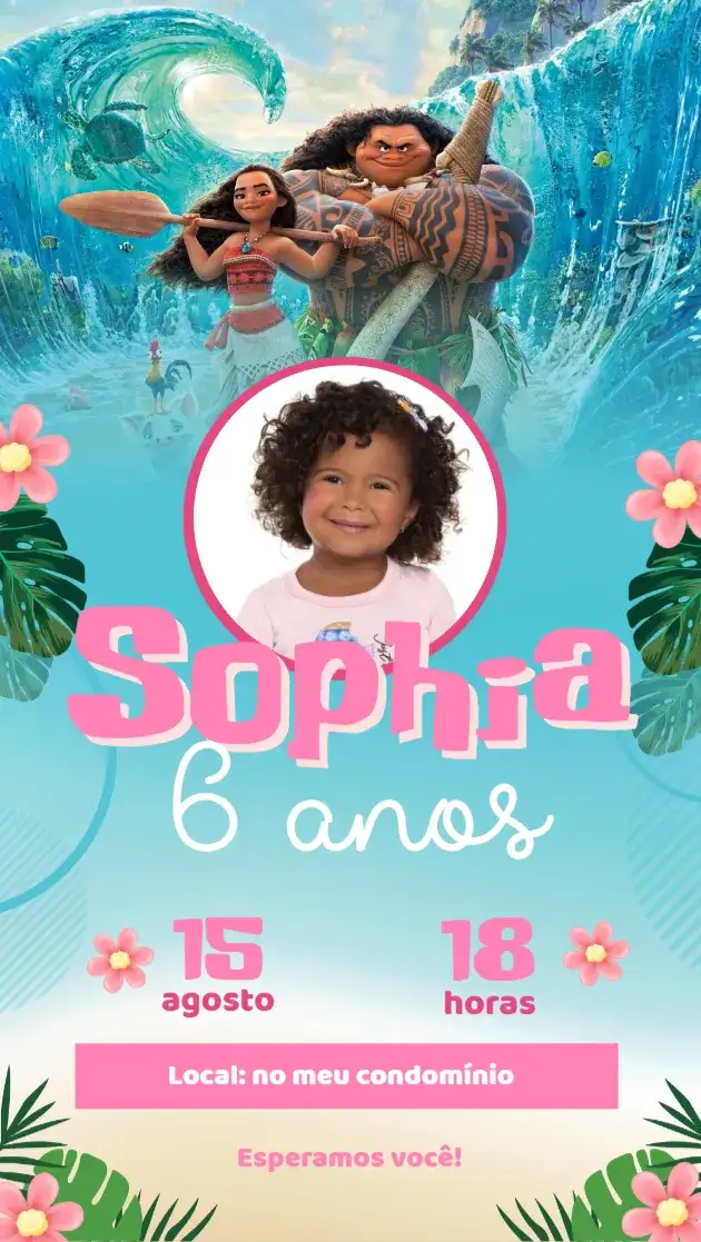 Convite Moana – tema Aniversário Infantil cores vibrantes, estilo tropical, elementos do mar, inspirado na Disney, design divertido, temática de aventura
