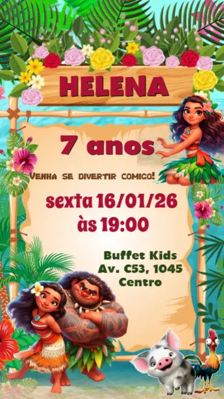 Convite Moana – tema Aniversário Infantil tropical, colorido, marinho, aventura, fantasia, divertido