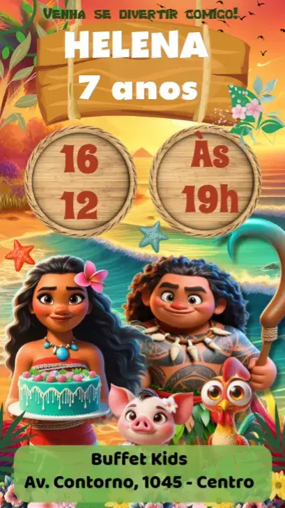 Invitación Moana – tema Cumpleaños Infantil tropical, aqua, colorido, aventurero, marino, fantasía