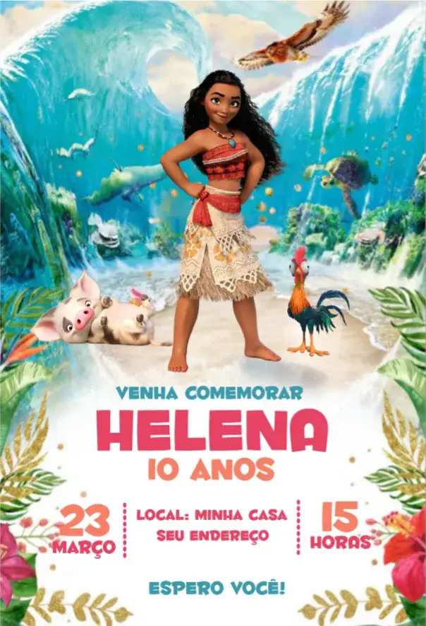 Convite Moana 2 – tema Aniversário tropical, marinho, colorido, divertido, aventura, fantasia