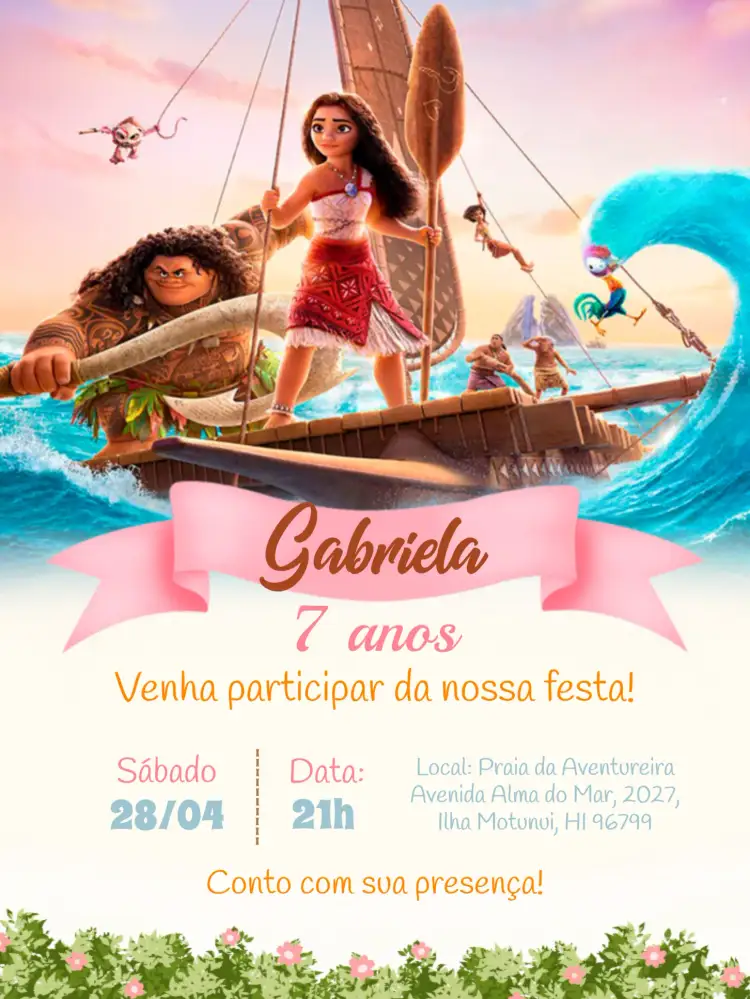 Convite Moana 2 Maui – tema Mais pesquisados floral, tropical, colorido, infantil, moderno, divertido