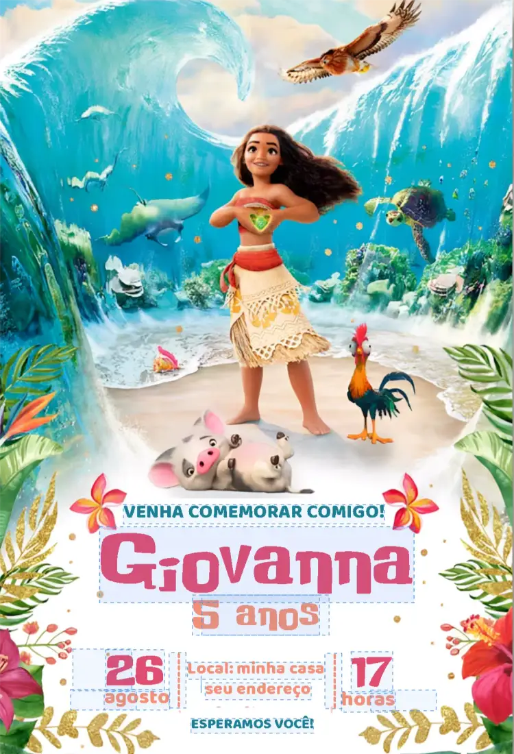 Convite Moana – tema Aniversário Infantil tropical, aventura, colorido, marinho, fantasia