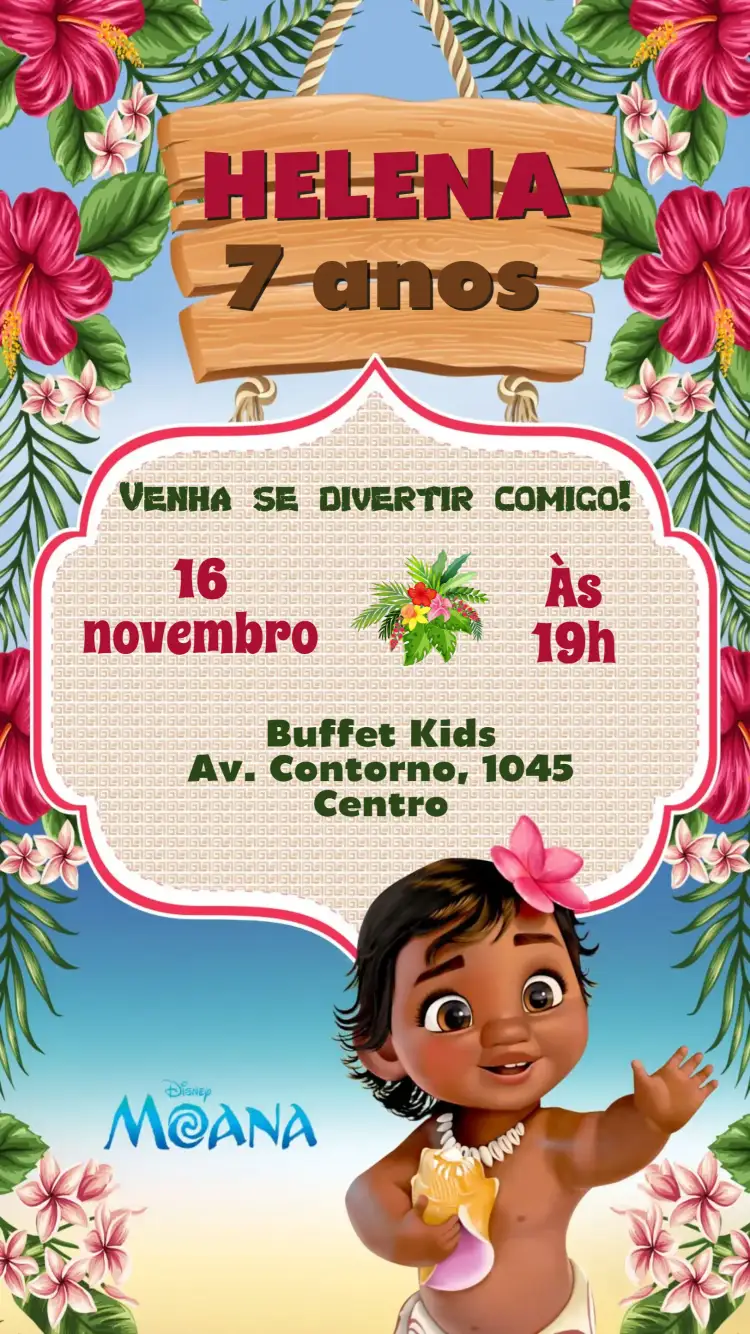 Convite Moana – tema Aniversário Infantil cores vibrantes, estilo tropical, elementos marítimos, gráficos de aventura, inspirado na Disney, design lúdico