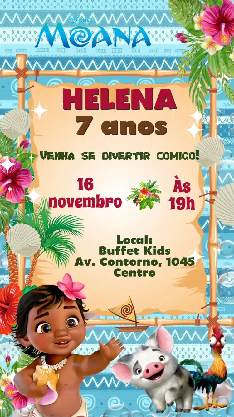 Convite Moana – tema Aniversário Infantil tropical, colorido, divertido, marítimo, aventura, infantil