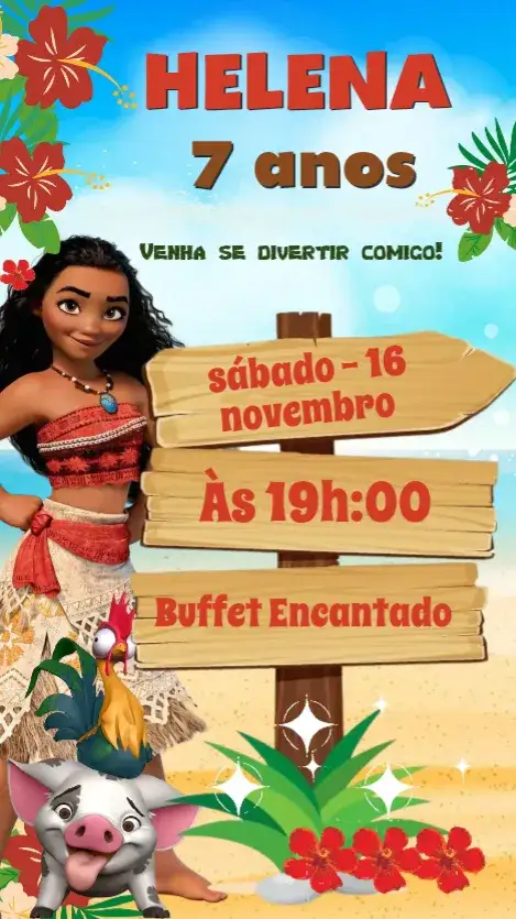 Convite Moana – tema Aniversário tropical, colorido, divertido, aquarela, moderno, infantil-adulto