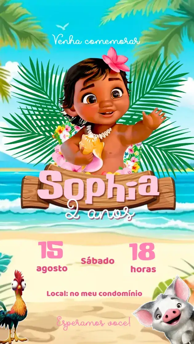 Convite Moana baby – tema Aniversário Infantil cores suaves, elementos do oceano, personagens da Disney, estilo lúdico, paisagens de praia, toques de rosa