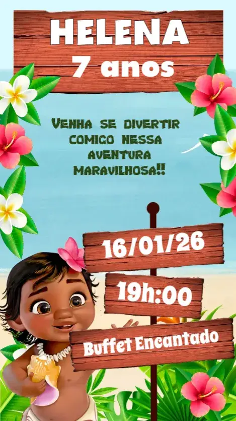 Convite Moana Baby – tema Aniversário Infantil cores vibrantes, estilo tropical, elementos gráficos de aventura, inspirado na natureza, design lúdico, estilo infantil