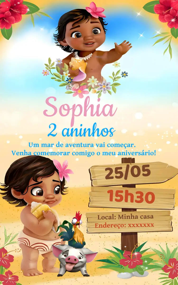 Convite Moana Baby Aquarela – tema Mais pesquisados aquarela, marinho, colorido, tropical, infantil, divertido