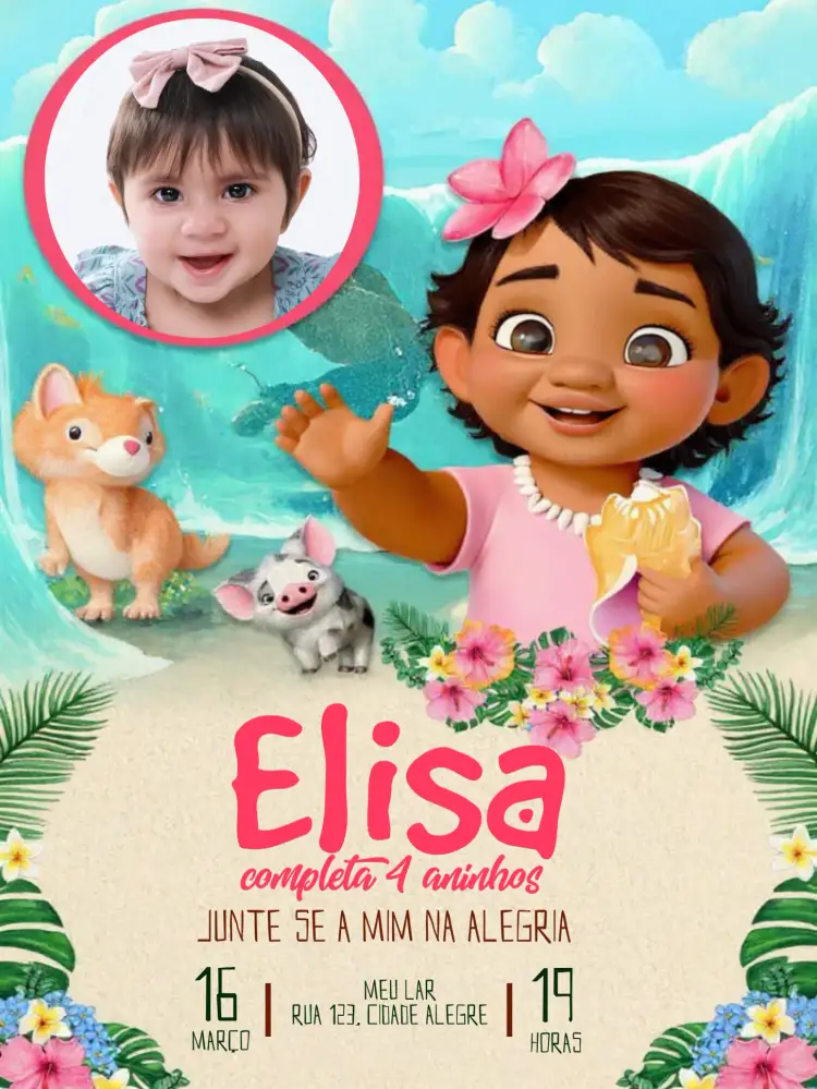 Convite Moana Baby Com Foto Menina – tema Mais pesquisados rosa, aventura, oceano, floral, infantil, polinésia