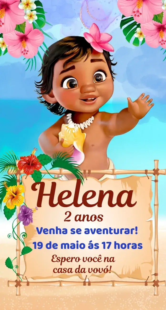 Invitación Moana Bebé Digital – tema Cumpleaños colorido, temático, marino, tropical, divertido, aventura