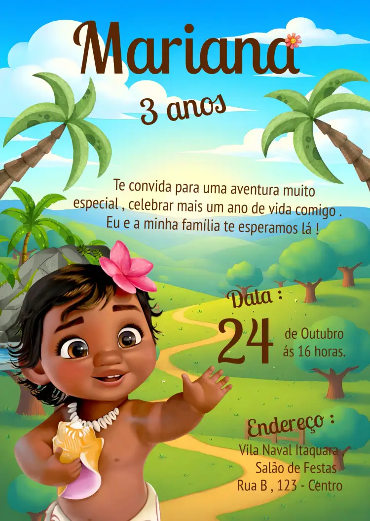 Convite Moana Baby Motonu – tema Mais pesquisados colorido, tropical, fantasia, marinho, Disney, aventura