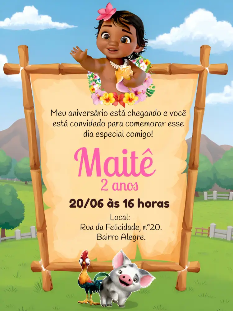 Convite Moana Baby Praia – tema Mais pesquisados tropical, mar, hibiscos, cores suaves, estilo divertido, elementos gráficos lúdicos