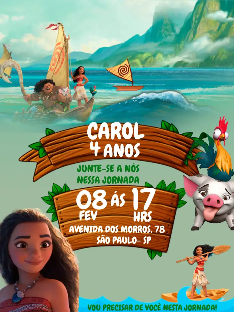 Convite Moana Colorido – tema Mais pesquisados tropical, colorido, aventura, Disney, marinho, infantil