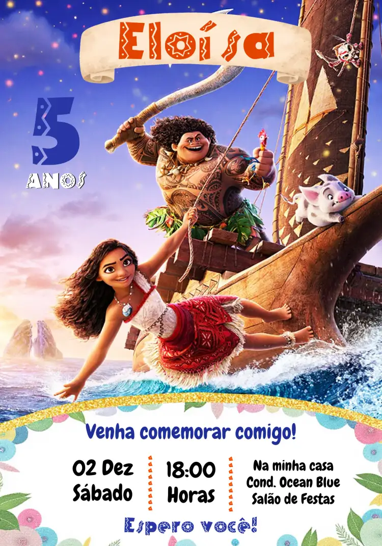 Convite Moana Colorido – tema Mais pesquisados colorido, temático, marinho, tropical, aventura, infantil