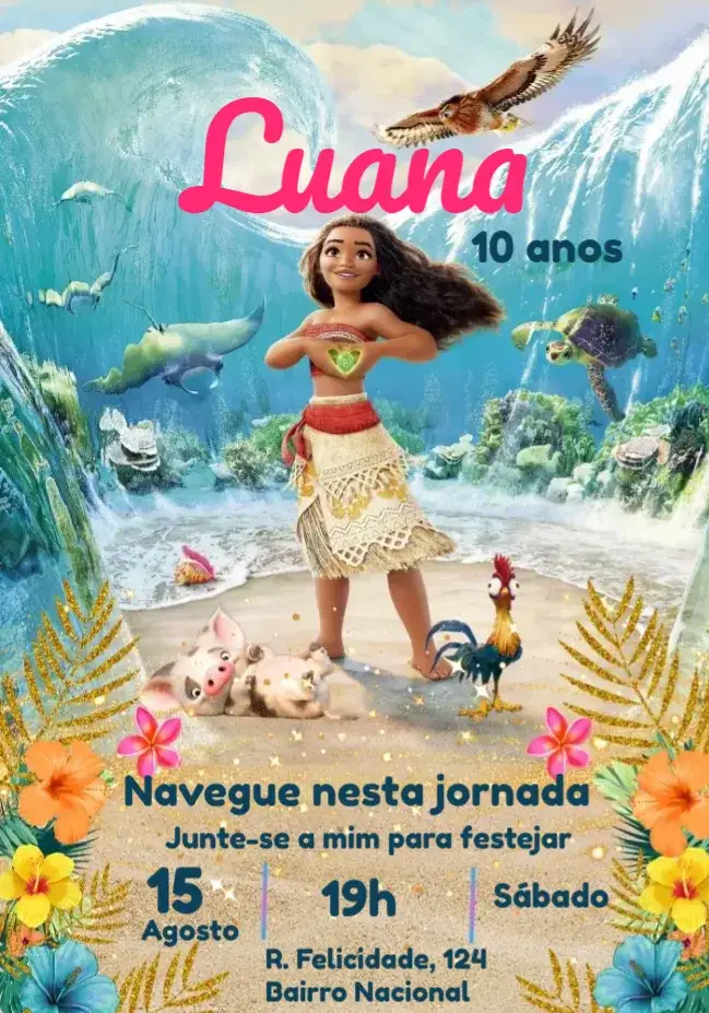 Convite Moana Disney – tema Mais pesquisados tropical, oceânico, colorido, divertido, floral, aventura