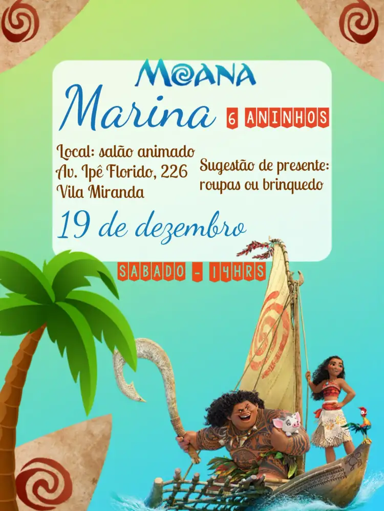 Convite Moana Roxo – tema Aniversário Infantil colorido, praia, tropical, aventura, Disney, divertido