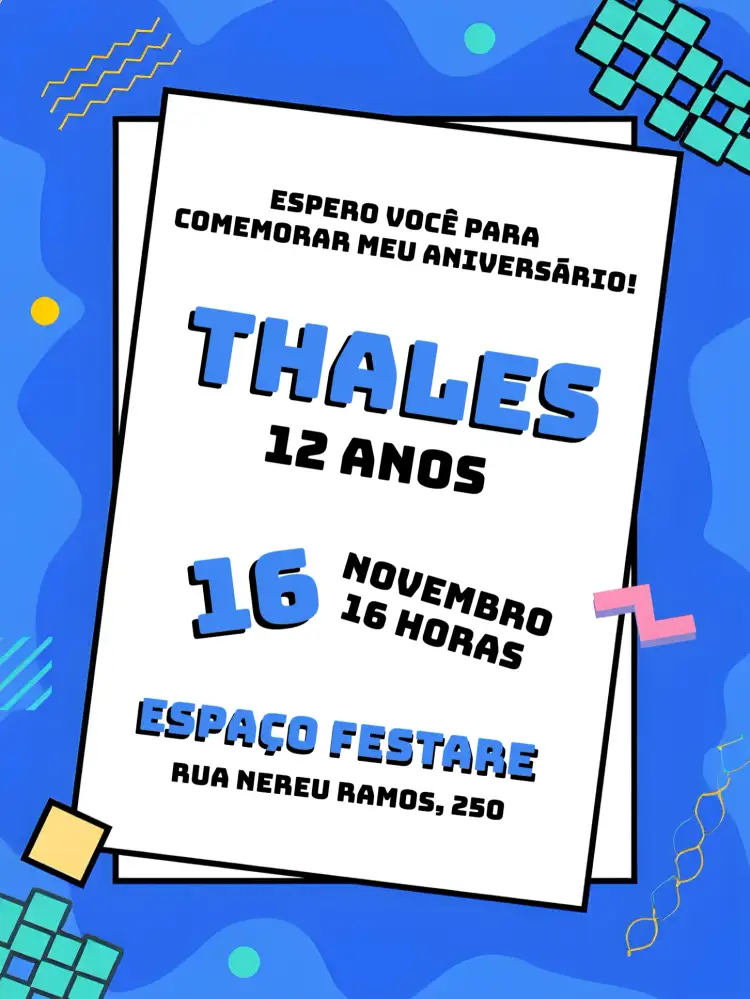 Convite Moderno Azul – tema Aniversário moderno, geométrico, azul, branco, elegante