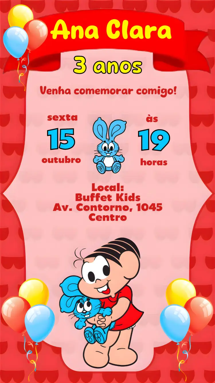 Convite Mônica – tema Aniversário Infantil colorido, lúdico, divertido, infantil, personagens, feliz