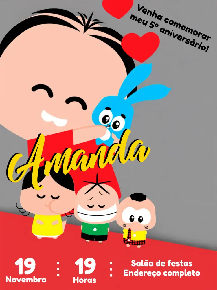 Convite Mônica Toy Vermelho – tema Aniversário Infantil colorido, divertido, infantil, moderno, temático, animado