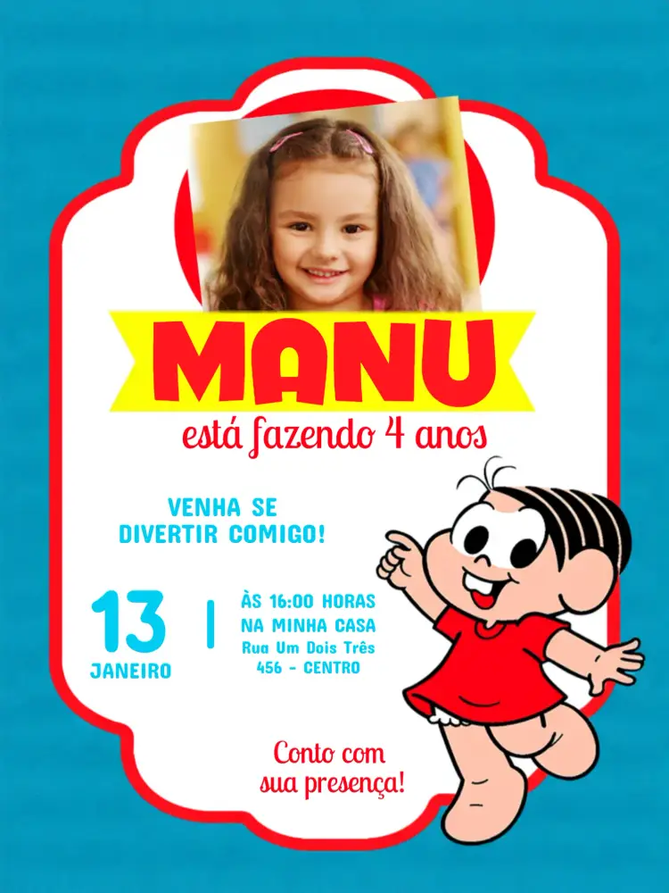Convite Mônica Turma Da Com Foto Milena editável e personalizável