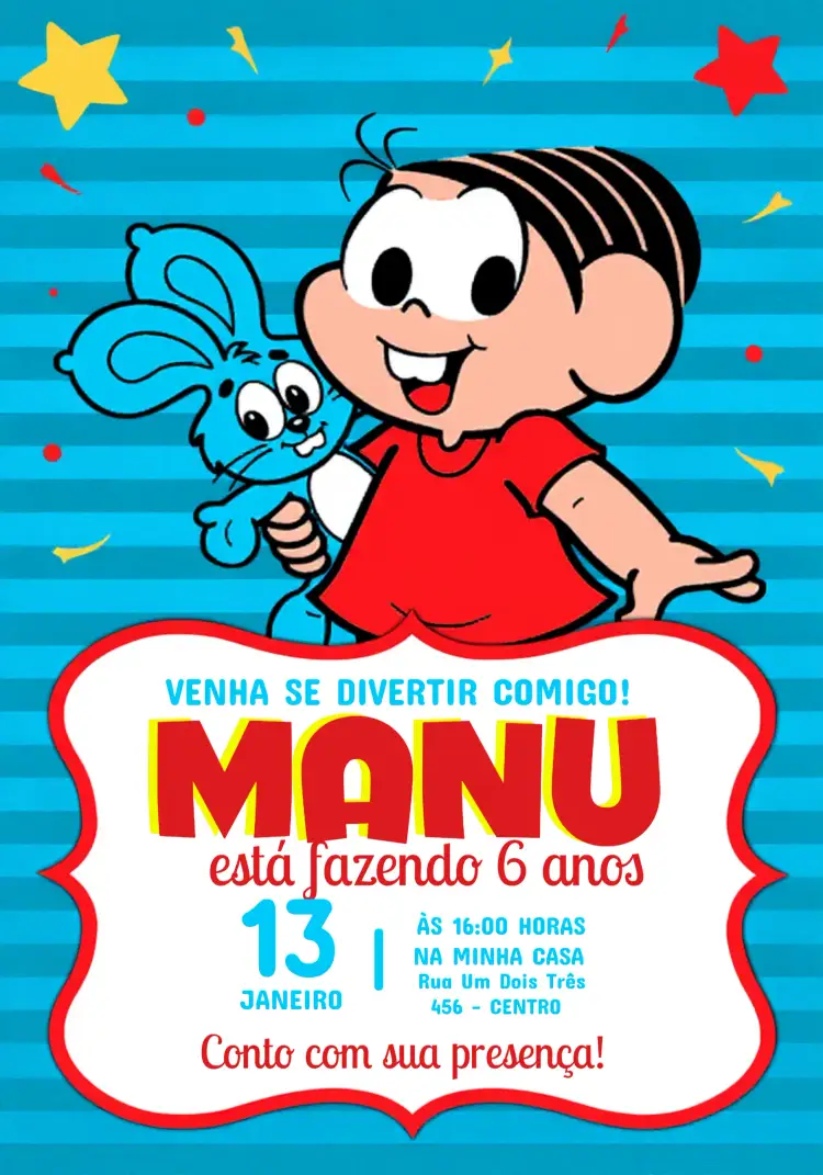 Convite Mônica Turma Da Cascão – tema Aniversário Infantil colorido, animado, infantil, lúdico, divertido