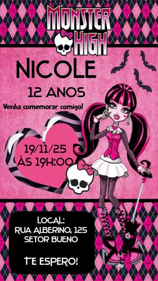Convite Monster High – tema Aniversário monstros, divertido, colorido, temático, pop art