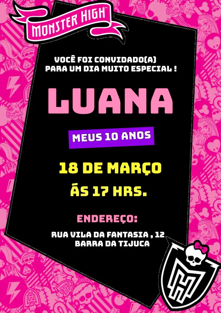 Convite Monster High Vampira – tema Aniversário Infantil gótico, fantasia, colorido, moderno, divertido, ilustrações de monstros