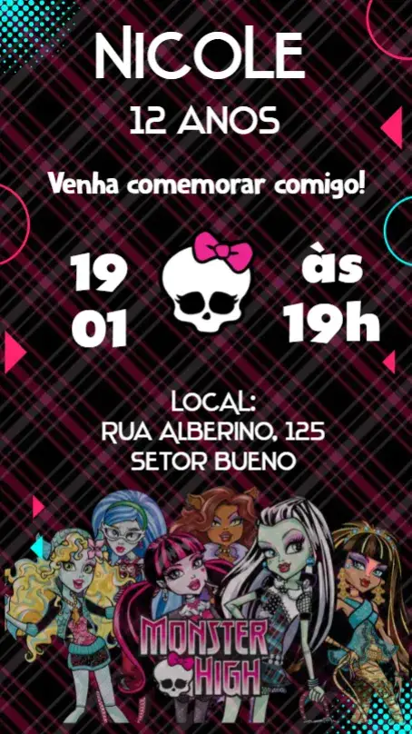 Convite Monster Hight – tema Aniversário colorido, divertido, temático, gótico, moderno, fantasia