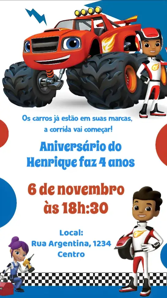 Convite Monster Machines – tema Aniversário Infantil colorido, divertido, temático, jovial, dinâmico