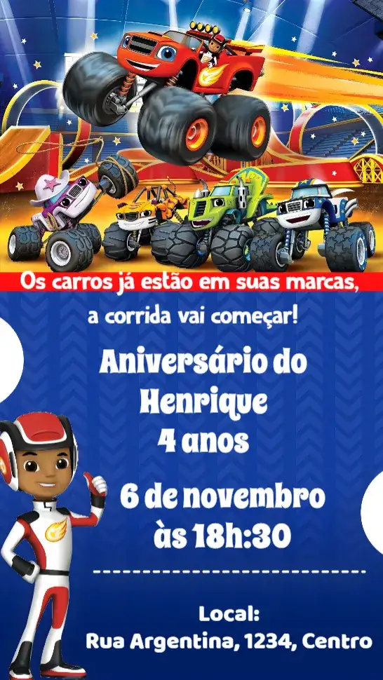 Convite Monster Machines – tema Aniversário Infantil colorido, divertido, moderno, lúdico, temático, animado