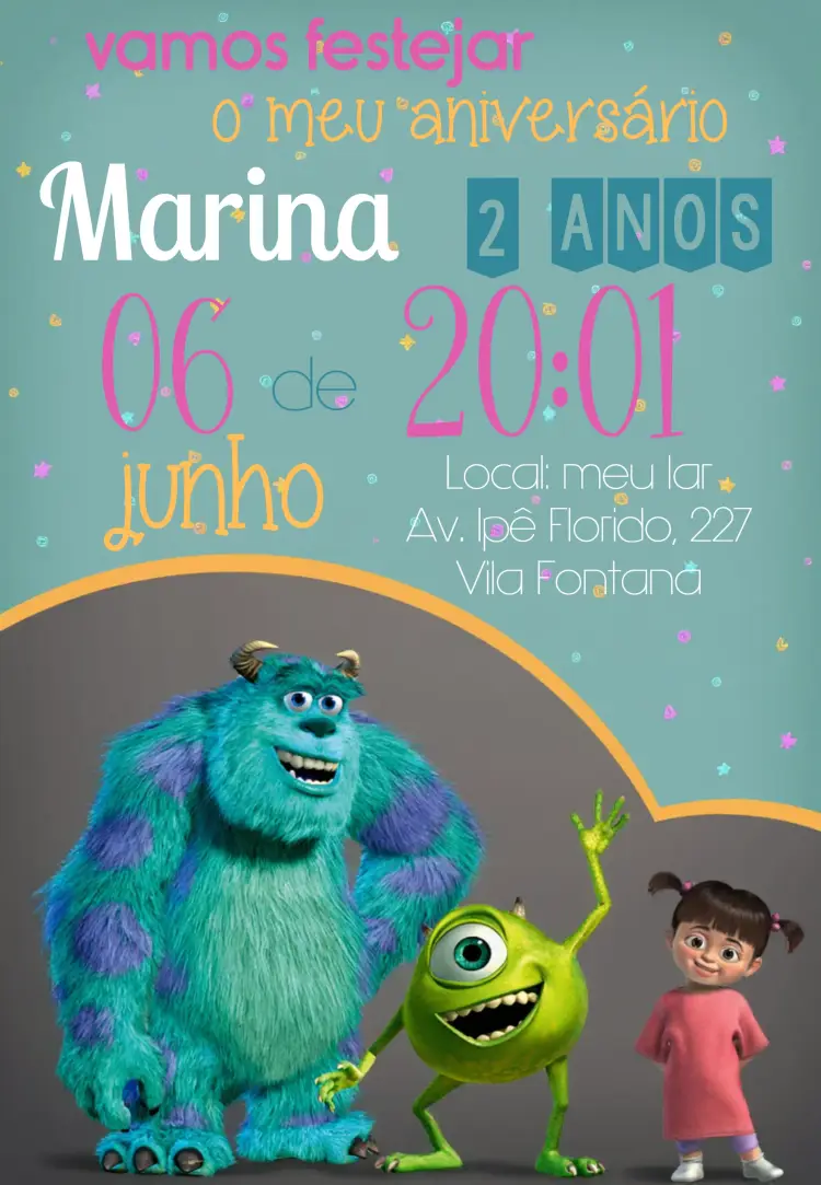 Convite Monstros S.a Boo Pixar