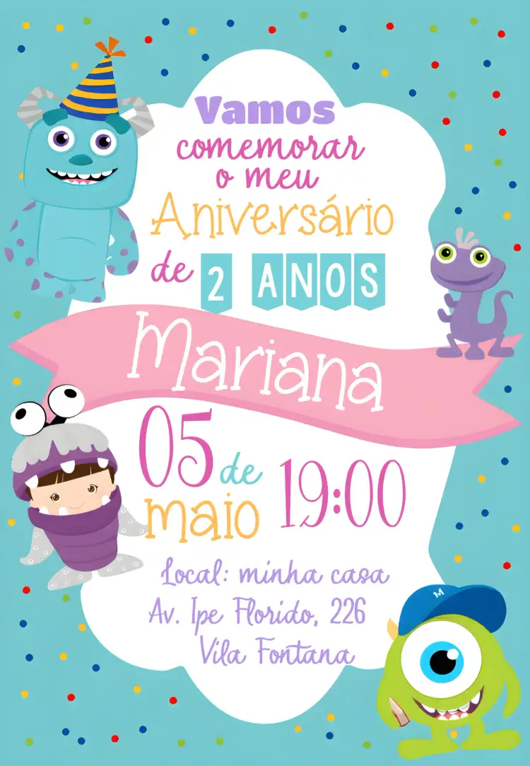 Convite Monstros S.a Boo Pixar – tema Aniversário Infantil colorido, divertido, temática de monstros, ilustrações animadas, vibrante
