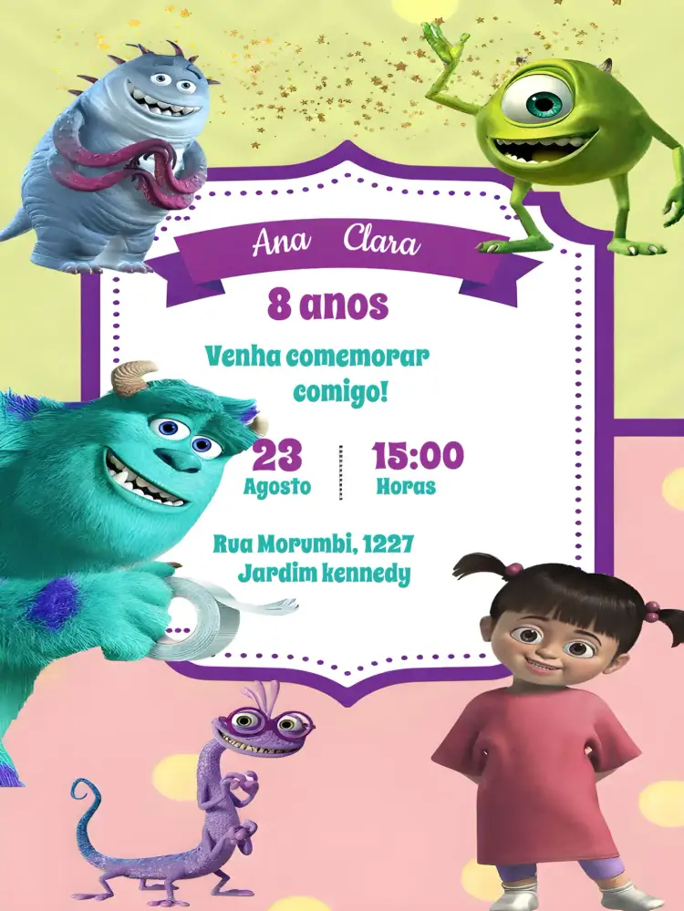 Convite Monstros S.a Infantil – tema Mais pesquisados colorido, divertido, temático, lúdico, animado, infantil