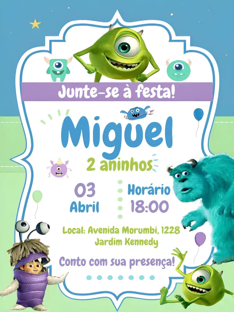Convite Monstros S.a Infantil – tema Mais pesquisados colorido, divertido, temático, animado, infantil, ilustrações