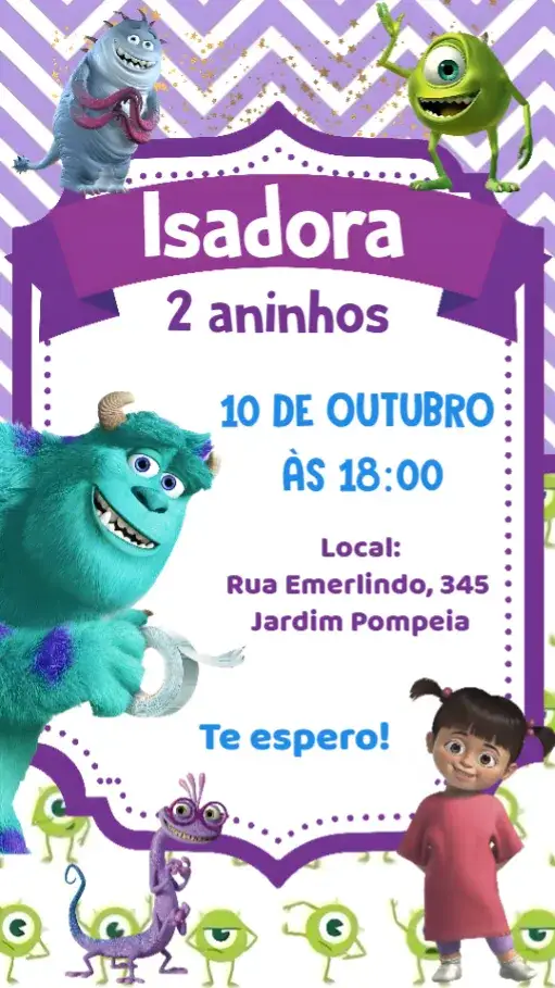 Convite Monstros SA – tema Aniversário Infantil colorido, divertido, ilustrações de monstros, estilo cartoon, temática de filme