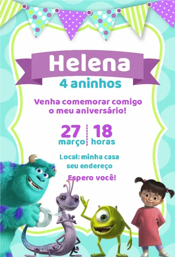 Convite Monstros sa 3 – tema Aniversário Infantil colorido, divertido, temático, infantil, animado, ilustrações de monstros