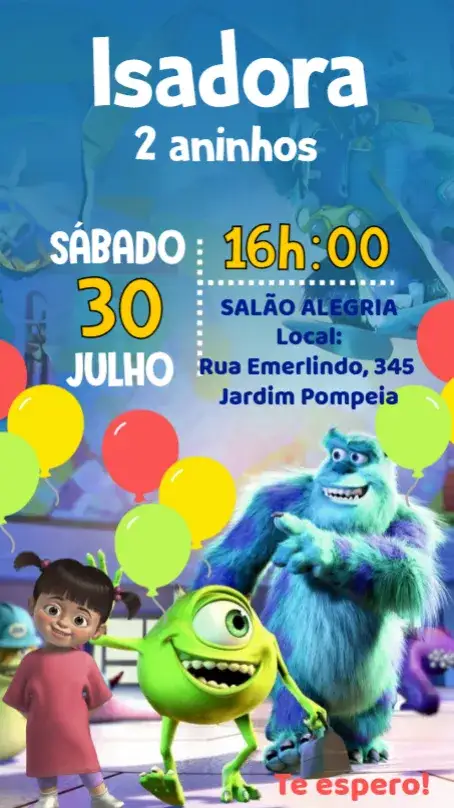 Invitación Monstruos SA – tema Cumpleaños Infantil colorido, lúdico, divertido, ilustraciones de monstruos, temática de película, estilo moderno
