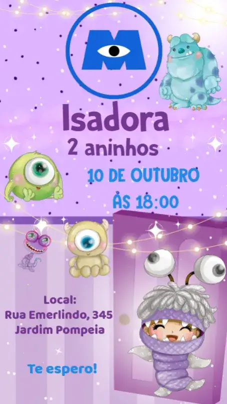 Convite Monstros SA Baby – tema Aniversário Infantil colorido, divertido, ilustrações de monstros, estilo cartoon, temática de aventura, alegre