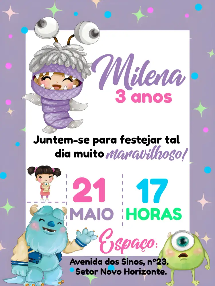 Convite Monstros Sa Boo Roxo – tema Mais pesquisados colorido, divertido, infantil, moderno, temático
