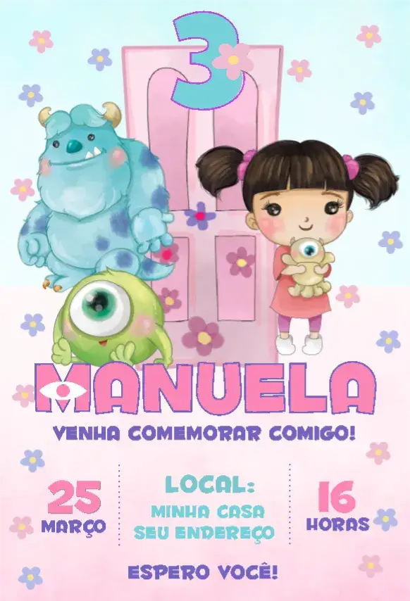 Convite Monstros Sa menina aquarela