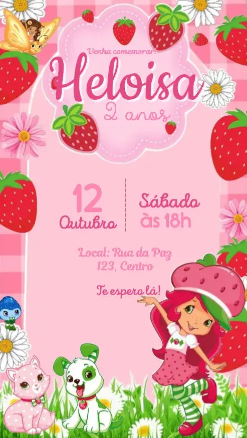 Convite Moranguinho – tema Aniversário Infantil rosa, frutas, bichinhos, divertido, infantil, colorido