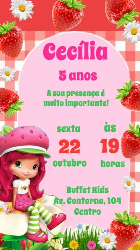 Invitación Fresa – tema Cumpleaños Infantil colorido, frutal, lúdico, alegre, vibrante, infantil