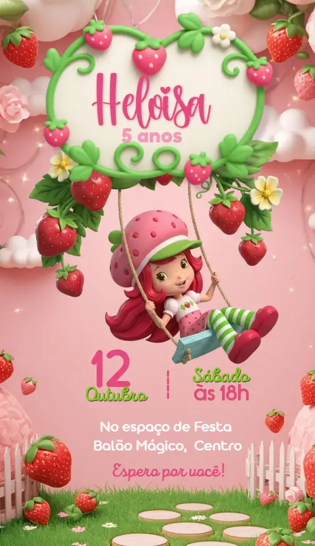 Invitación Moranguinho – tema Aniversário Infantil vibrante, colorido, divertido, infantil, frutal