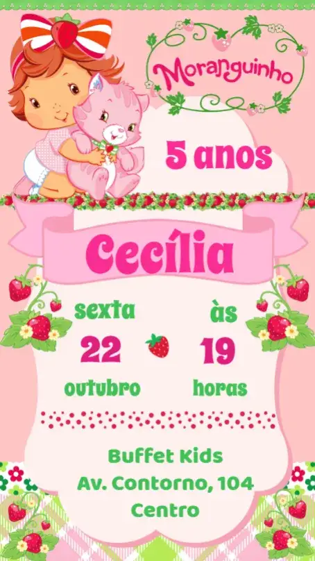 Convite Moranguinho Baby – tema Aniversário Infantil cores suaves, estilo lúdico, elementos gráficos de frutas, design divertido, inspirado na natureza