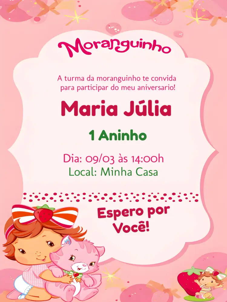 Convite Moranguinho Baby Rosa – tema Mais pesquisados rosa, divertido, infantil, colorido, doce, lúdico